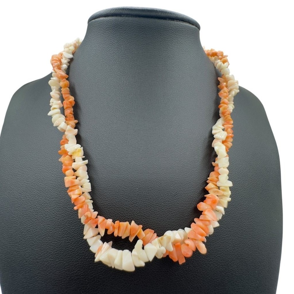 Vintage Shell Necklace Double Strand 16" Orange & Cream Color Surfer Beachy